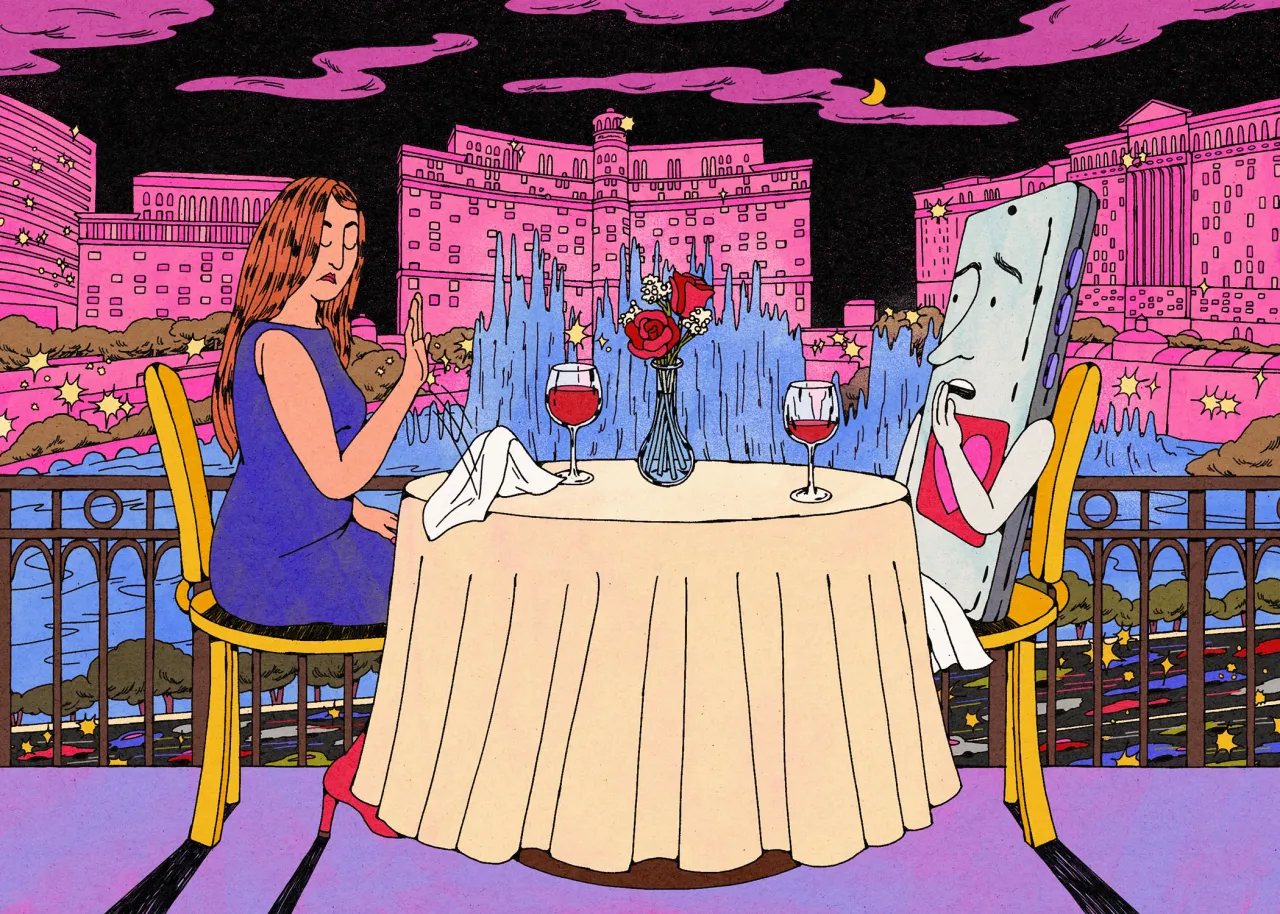 Illustration of a woman at a round table with wine glasses, seated across from an animated credit card character in a vibrant pink and blue cityscape setting