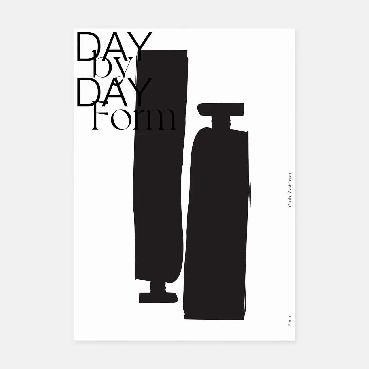Minimalist book cover with text "DAY by DAY FORM" on left and two black silhouetted bottle shapes on right against white background