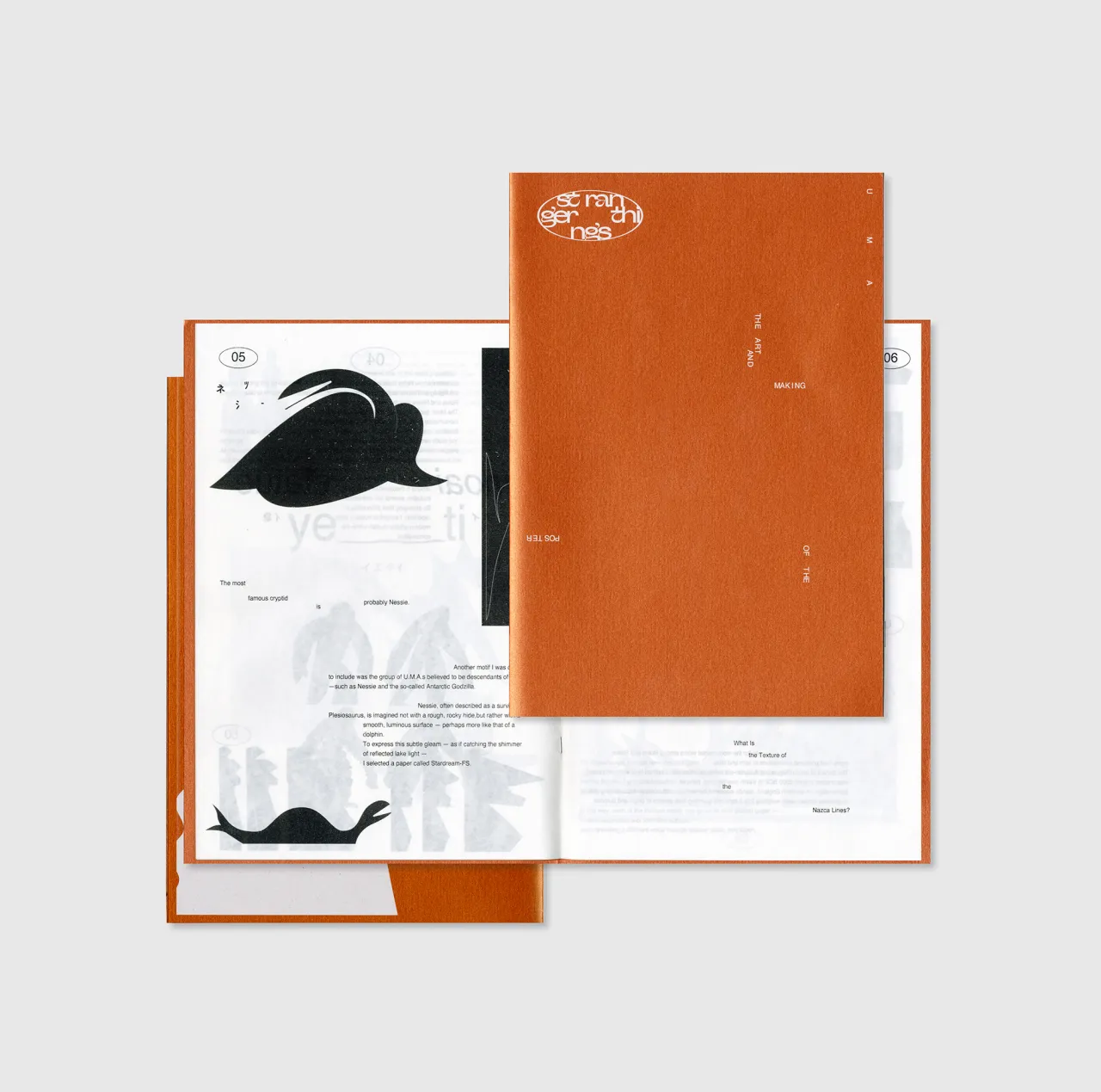 Hokuto Kudo design project showing orange-bound folder with white and black pages featuring stylised black hat illustrations and Japanese typography