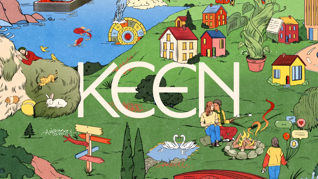 Colourful illustrated scene with whimsical houses, people, animals and nature elements surrounding the Keen logo in white text on a green background