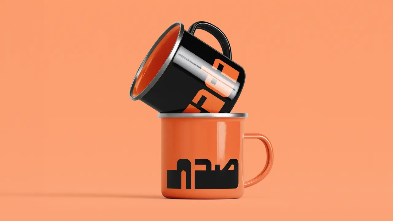 Orange enamel mug with black skyline design alongside stacked black and orange vessel with red interior lid against orange background