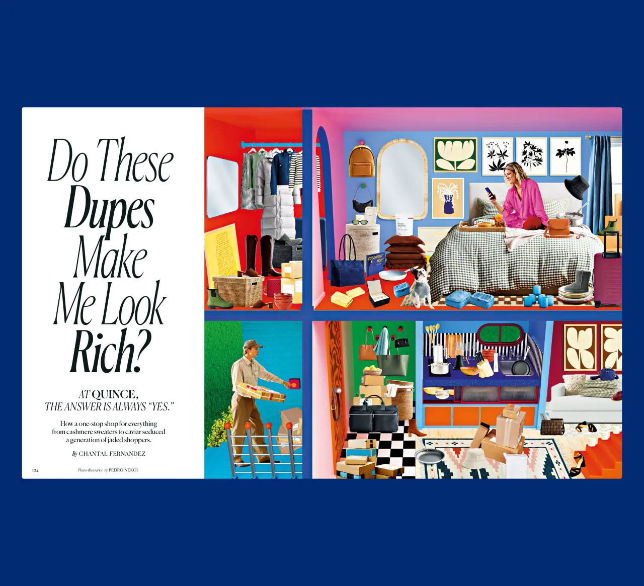 Colourful illustration divided into sections showing a woman at a desk, man in a garden, and various rooms filled with affordable home décor items and accessories, alongside text reading "Do These Dupes Make Me Look Rich?
