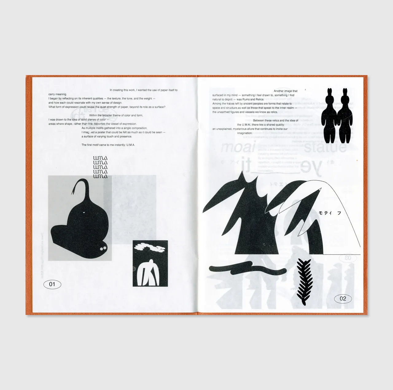 An open design publication with an orange border showing black silhouettes and illustrations of figures, including abstract shapes and typography, numbered 01 and 02