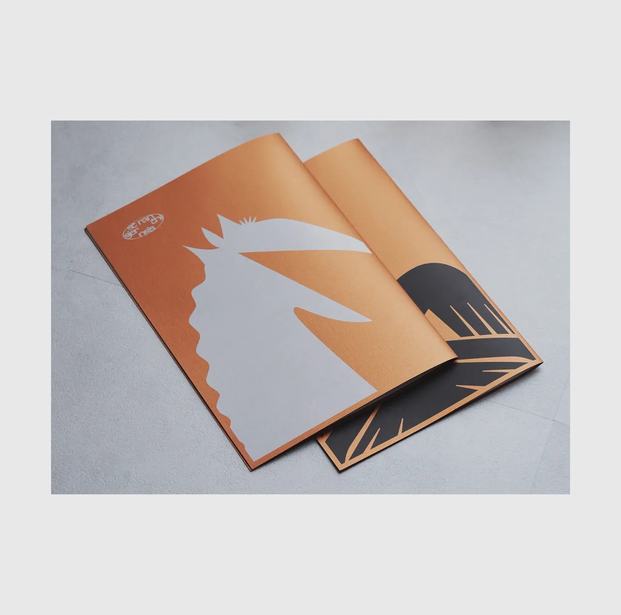 Orange and cream book cover and pages featuring a stylised white lion's head design with black leaf motifs on a grey surface