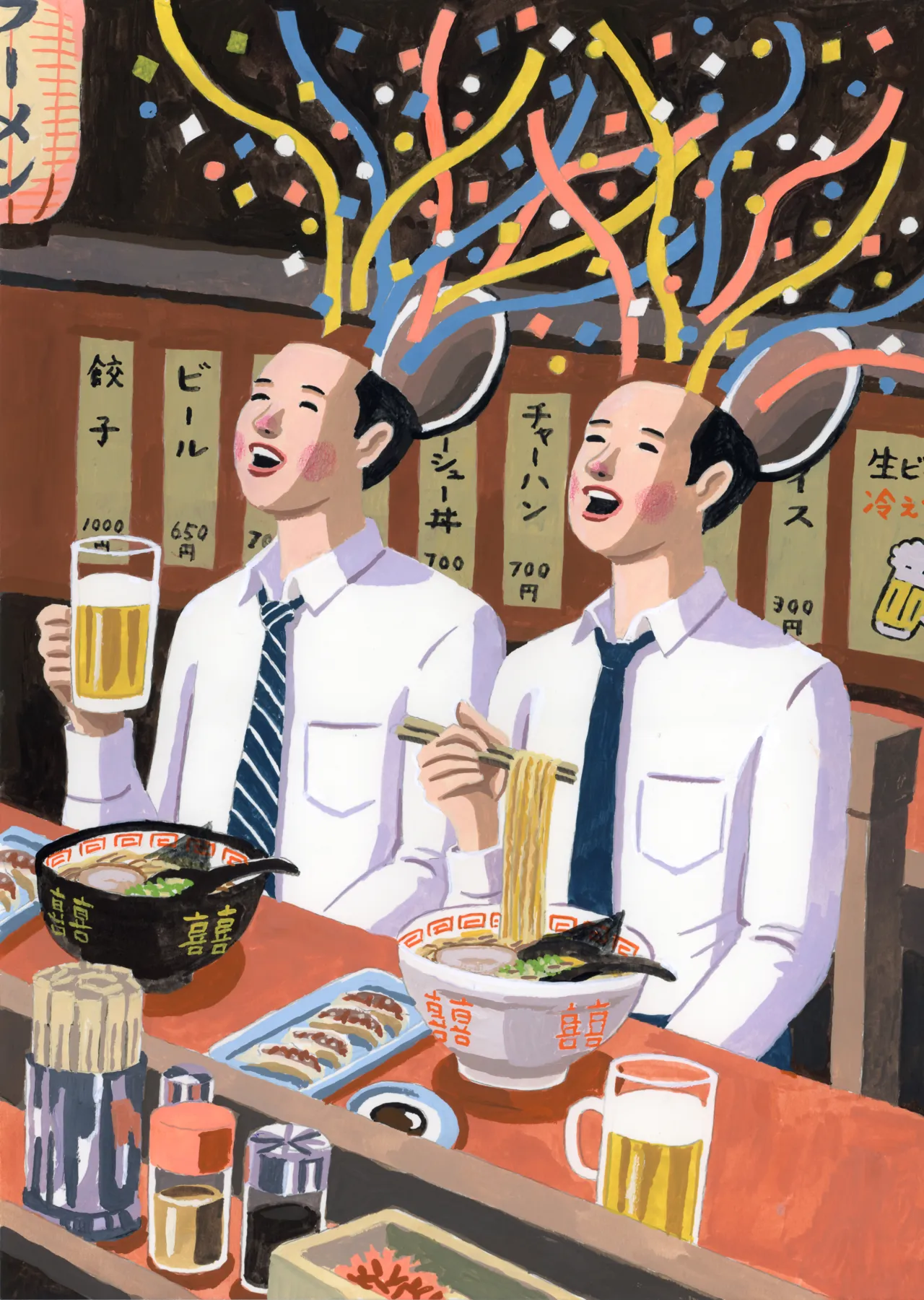 Two cheerful salarymen in white shirts and ties eat ramen and drink beer at a Japanese izakaya, surrounded by colourful streamers and menu boards on the wall behind them